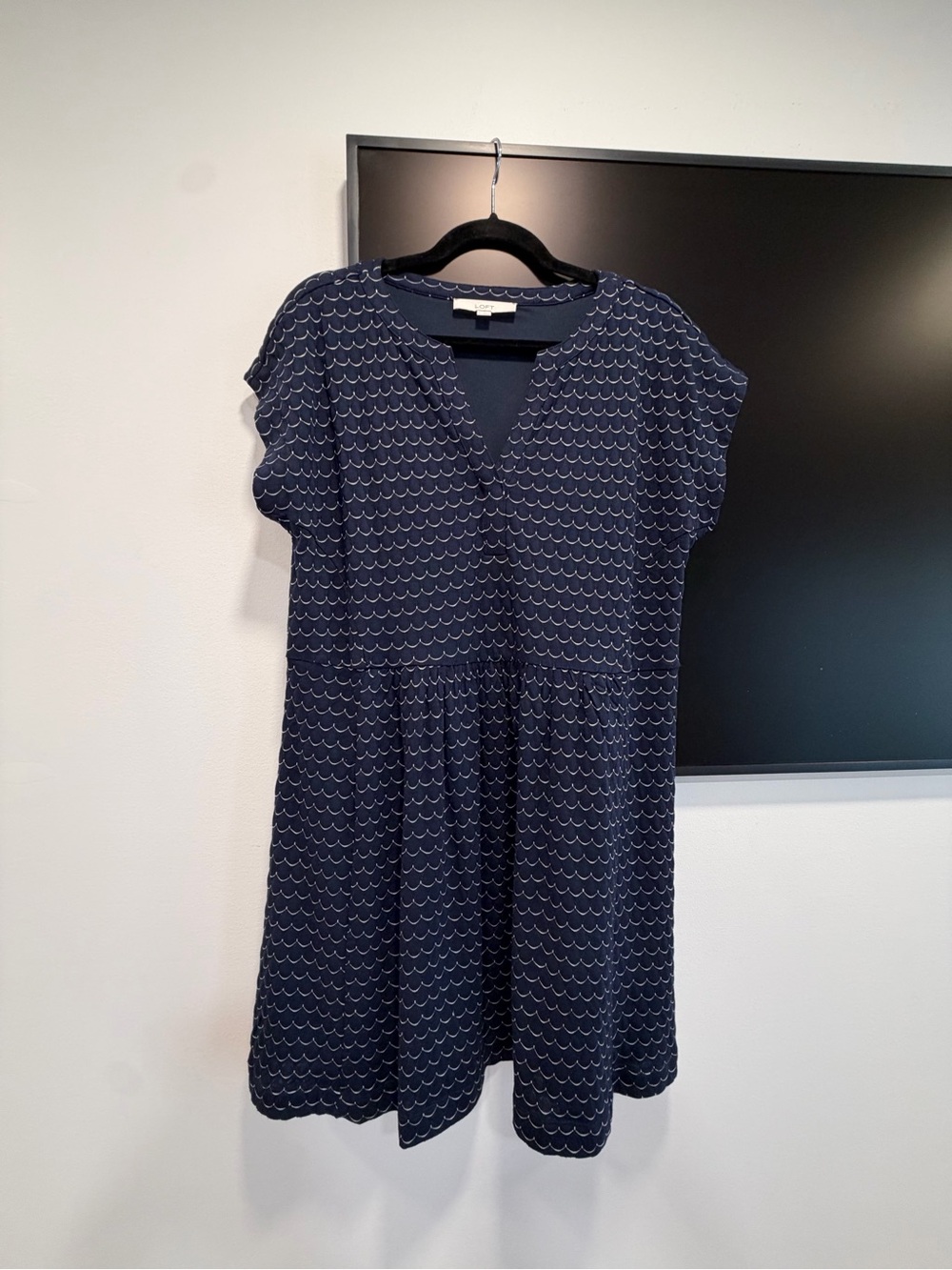 LOFT Navy Scallop-Print V-Neck Mini Dress
